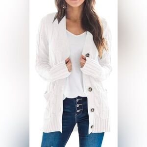 Merokeety Soft White Classic Cable Pattern Cardigan Sweater SZ Large *